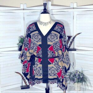 Nicole Miller boho oversized kimono style red black tan floral tunic blouse XL